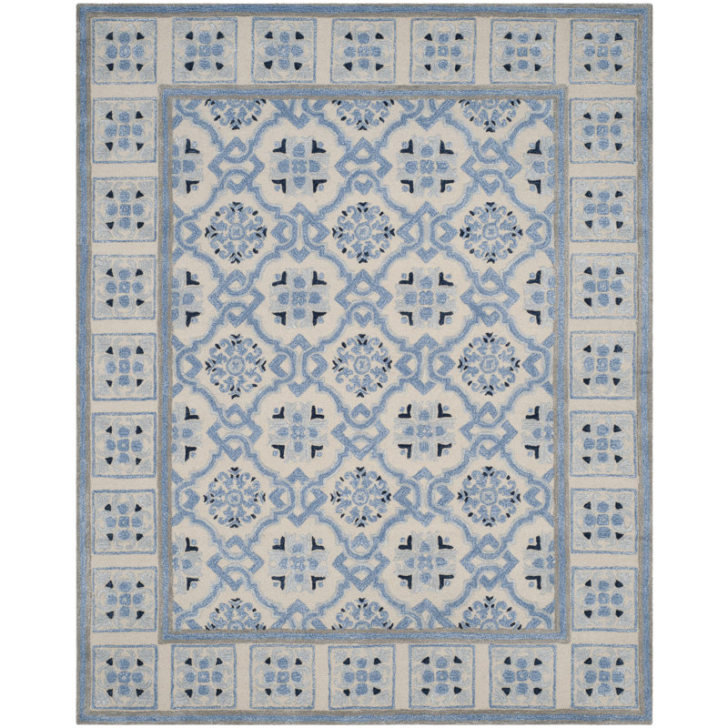 Tapis oriental en laine / viscose touffeté à la main Cruz en bleu ivoire, Rectangulaire 8 pi x 10 pi