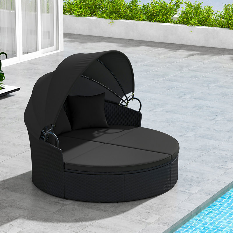 Patio Round Daybed Wicker Daybed w/ Retractable Canopy Separated Seating Sectional Sofa, Black