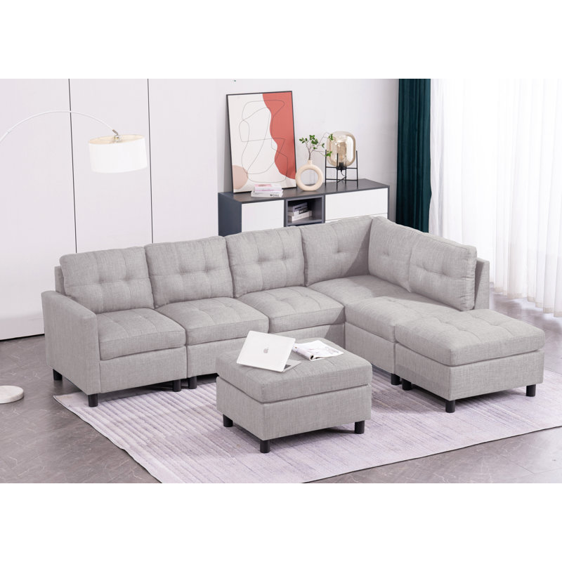 Kentrell Upholstered Sectional Sofa, Light Gray Linen