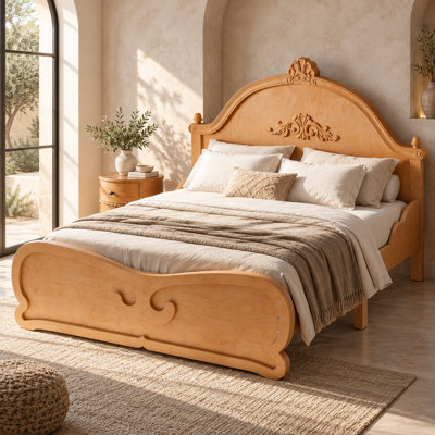 Full Size Carved Platform Bed with Curved Headboard, Solid Wood Bed Frame with Slatted Support, Low Profile Design, Natural Finish