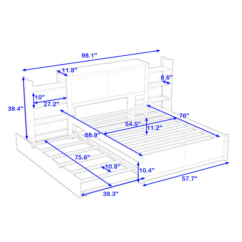 Blome Wooden Platform Bed with Pull Out Shelves and Trundle, Full
