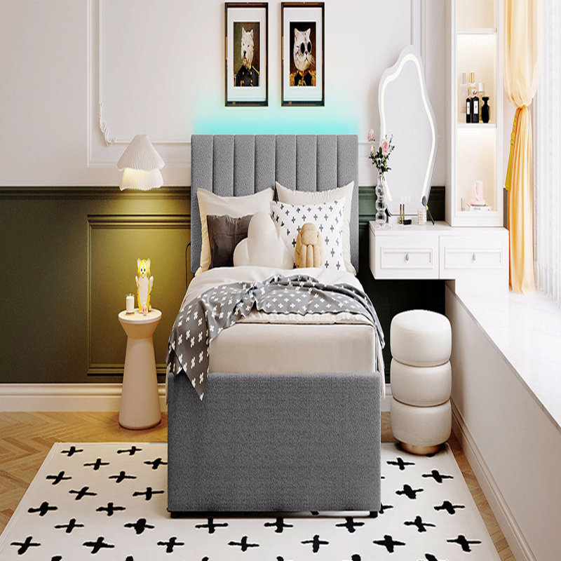 Lit plateforme tapissier avec lit gigogne double Teddy, Gris