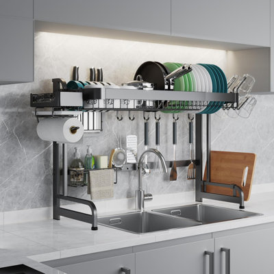 Over Sink Dish Drainer Drying Rack, 2 Tier Full Stainless Steel Storage Adjustable Length Kitchen Rack, Multifunctional Expandable Counter Organizer, Space Saver Dish Rack