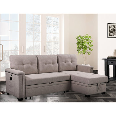 54.45 In. Wide Sleeper Sectional With Reversible Chaise And Grey Storage , Medium Firmness & Magazine Pouch