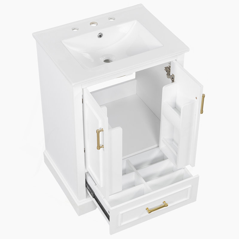 Meuble-lavabo 24 po avec lavabo, armoire en panneau de fibres à densité moyenne avec cadre en bois massif, 1 tiroir divisé et 2 portes à fermeture douce avec double tablette sur la porte, meuble-lavabo autoportant