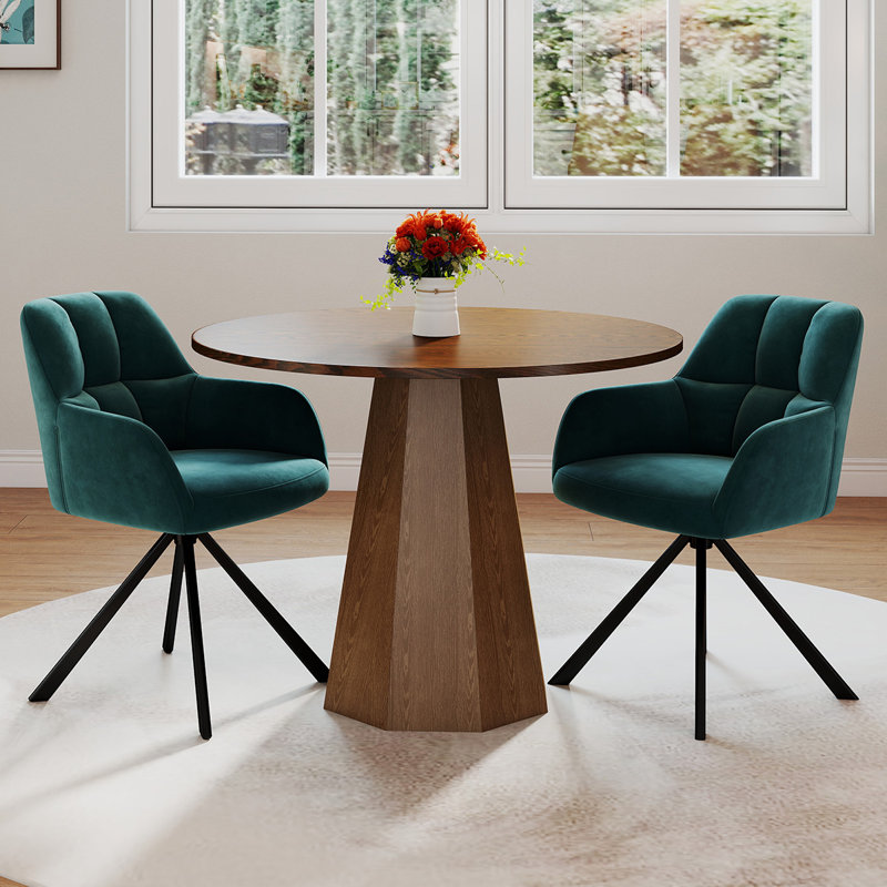 Ensemble de tables de salle à manger rondes de style Mid-Century avec chaises pivotantes, Noyer, 3 pièces: table, 2 chaises