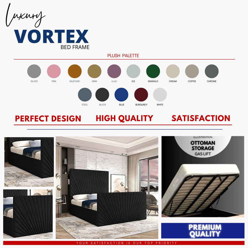 Vortex Chesterfield Ottoman Storage Bed - Plush Velvet Gas Lift Bed Frame with Headboard, Single (3'), Black