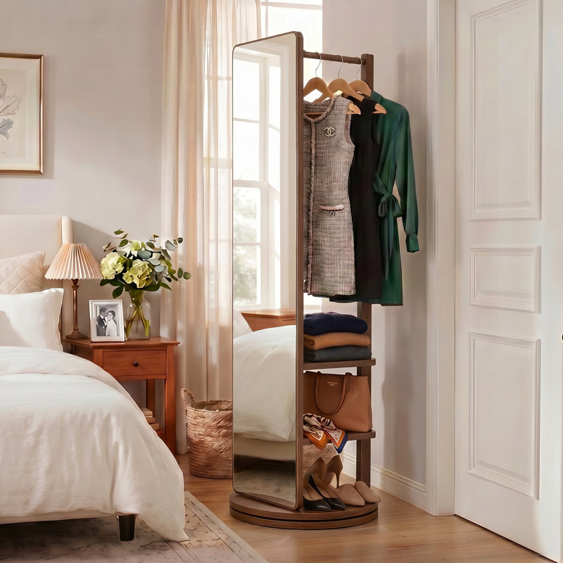360° Rotating Solid Wood Full-Length Mirror with Coat Rack & Storage Shelves, 66" Freestanding Floor Mirror with Hooks for Bedroom, Living Room, Cloakroom