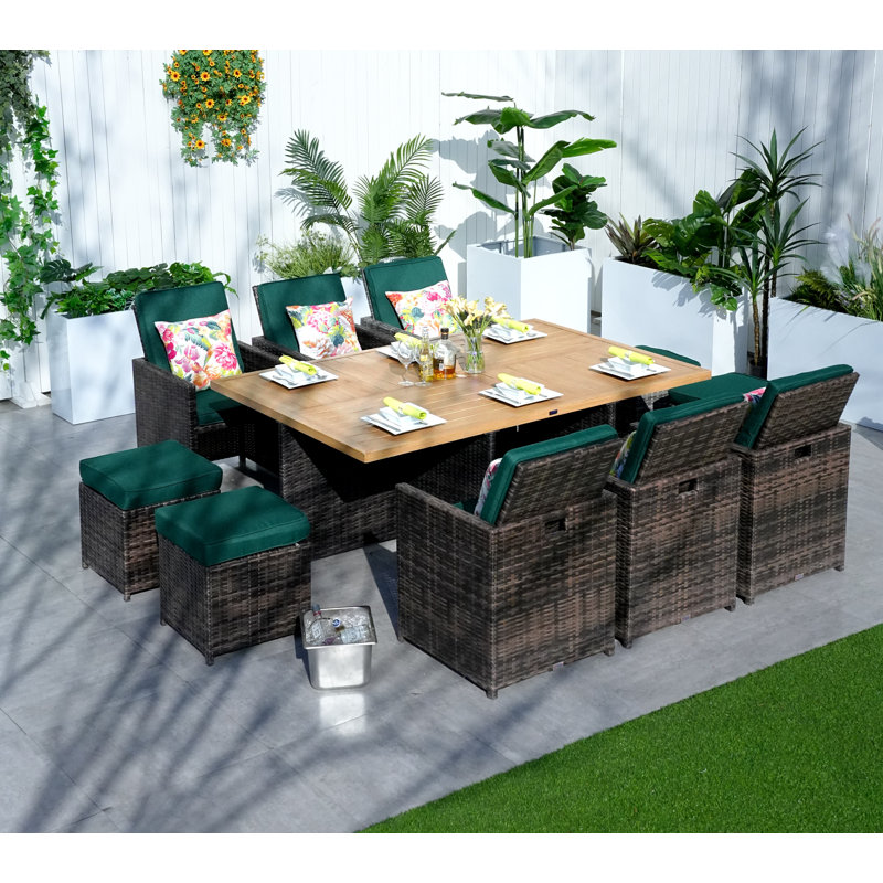 6 - Person Patio Dining Set Umbrella Hole Included Rectangular Table with Cushions Included, Atrovirens, Brown