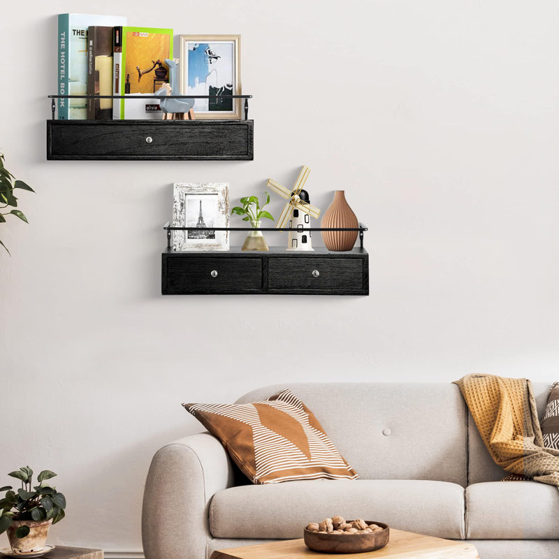 Ensemble de 2 tablettes flottantes avec tiroirs - Rangement mural, noir, Noir