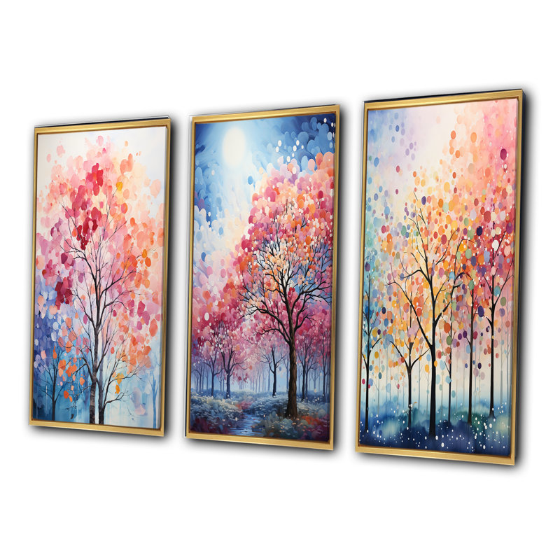 «Pink and Blue Trees Field Pointillism III», 3 pièces sur toile, Encadrement doré, H 20 po x l 36 po