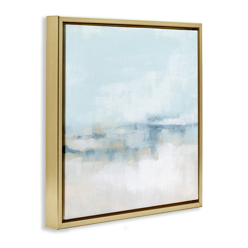 Abstrait paysage nuageux brouillard bleu, Cadre flottant métallique doré, H 25 po x l 25 po