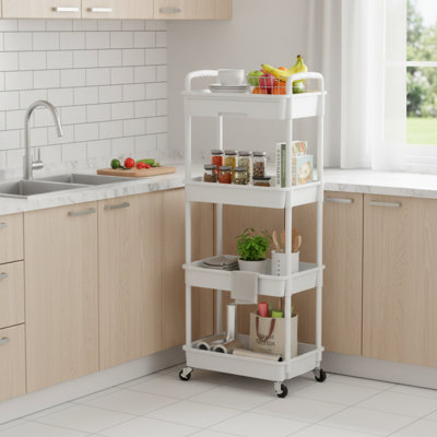 White 4-Tier Rolling Storage Cart, Slim & Wheeled, Kitchen Office Snacks Diapers Organization