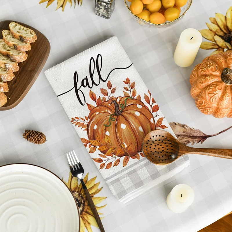 Orange Buffalo Plaid Polka Dot Pumpkin Fall Kitchen Towels Dish Towels, 18X26 Inch Farmhouse Eucalyptus Leaves Decoration Hand Towels Set Of 4
