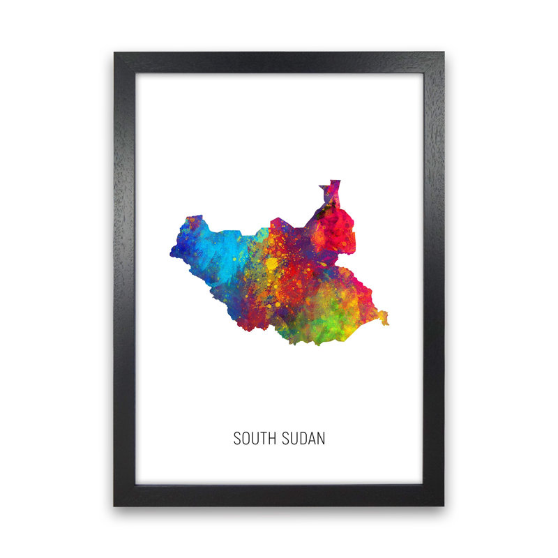 South Sudan Watercolour Map by Michael Tompsett - Print, Black Framed, 88cm H x 64cm W x 3cm D