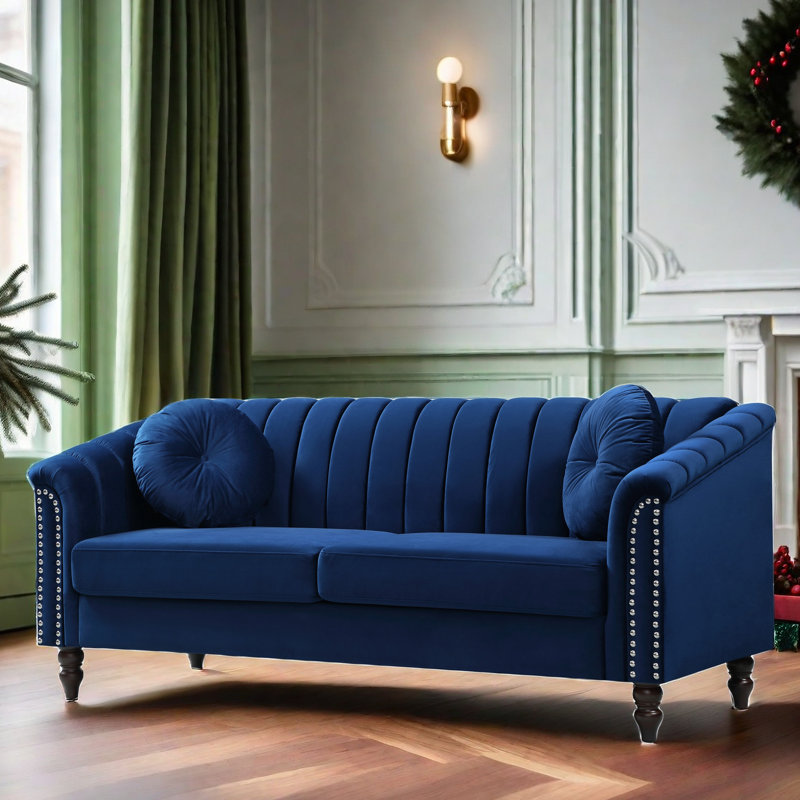 Mikole Upholstered Sofa, Navy Velvet, 31" H x 75" W x 31" D