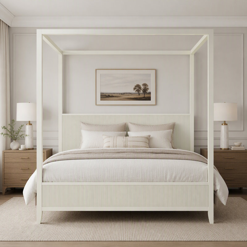 Lit à baldaquin en bois massif cannelé avec cadre à quatre colonnes pour chambre à coucher, Beige