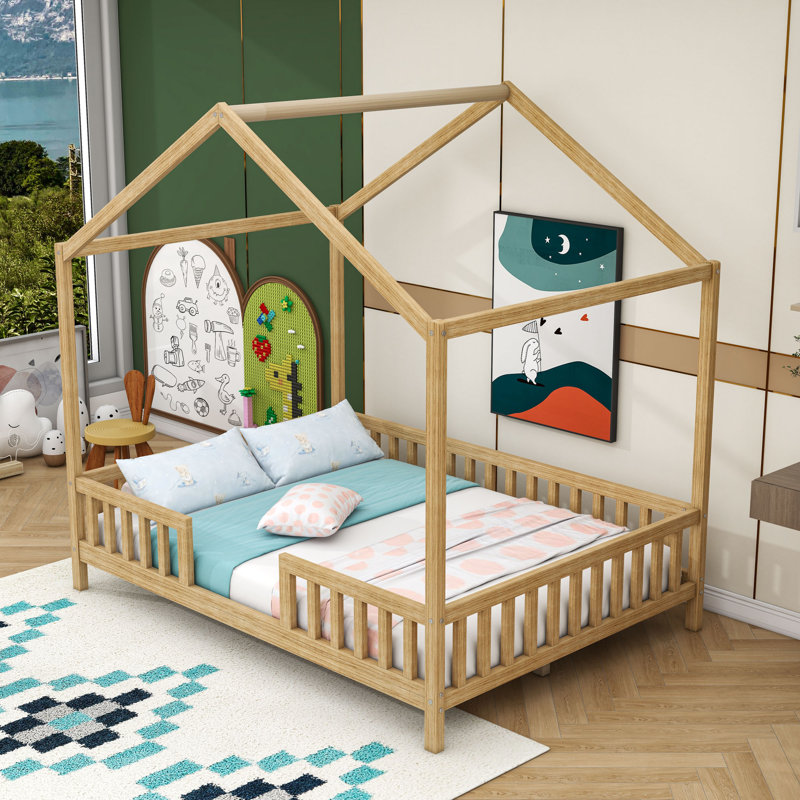 Enchanting Montessori Wooden House-Shaped Bed With Canopy, Full, Natural
