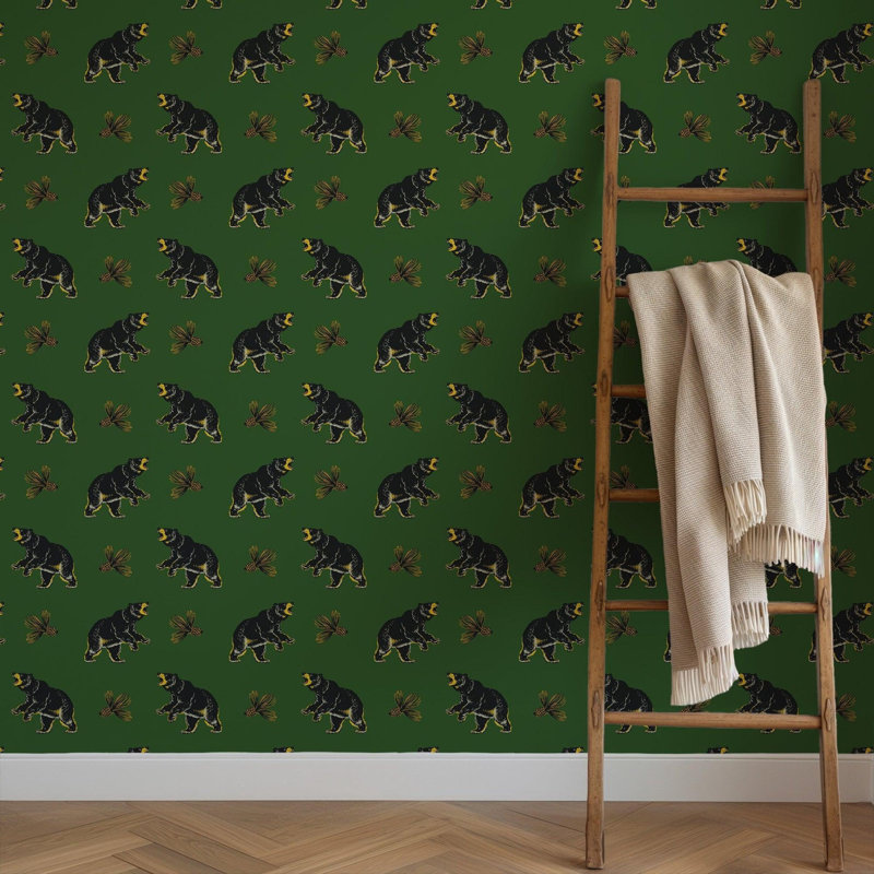 Roaming Black Bear - Wallpaper, Black; Green, Non-Pasted, Faux Grasscloth