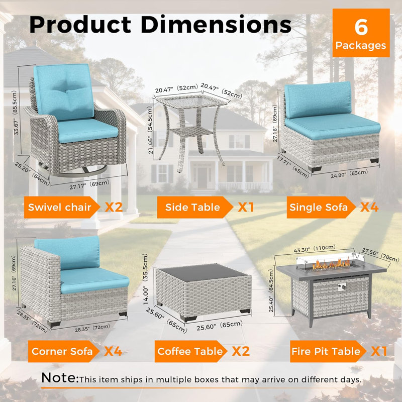 10 - Person Outdoor Wicker Patio Conversation Furniture Set with Fire Pit Table, Blue