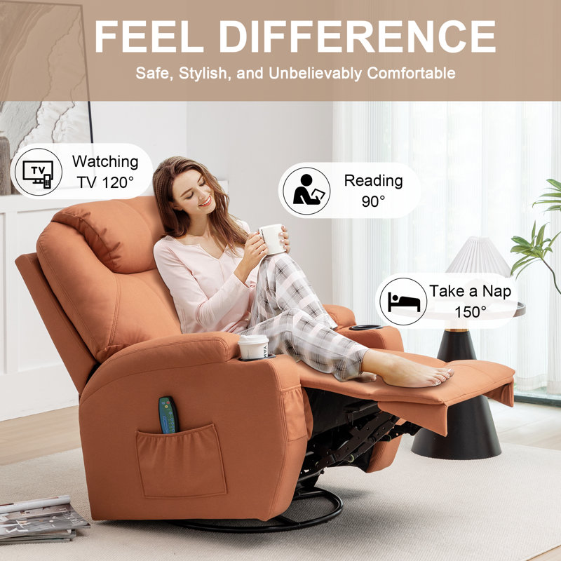 Orange Microfiber Swivel Recliner with Massage and Heat