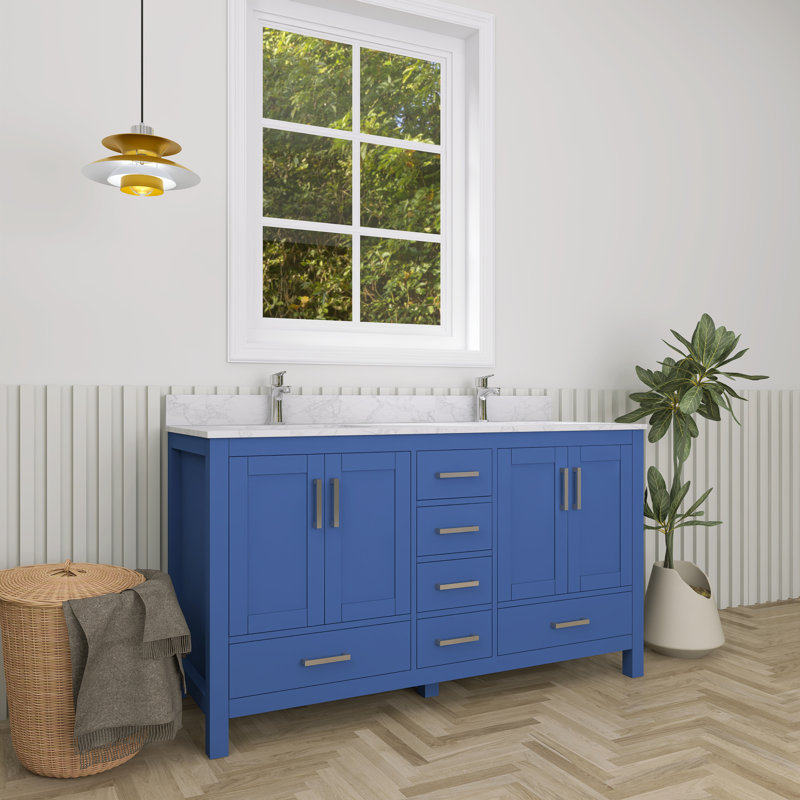Meuble-lavabo 60 po avec lavabo double et trou pour robinet 60 po Premium, Bleu, Nickel brossé