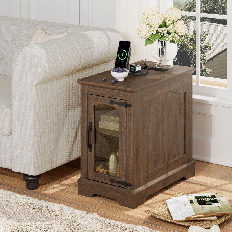  Table de bout étroite avec station de charge et rangement, noyer, Noyer
