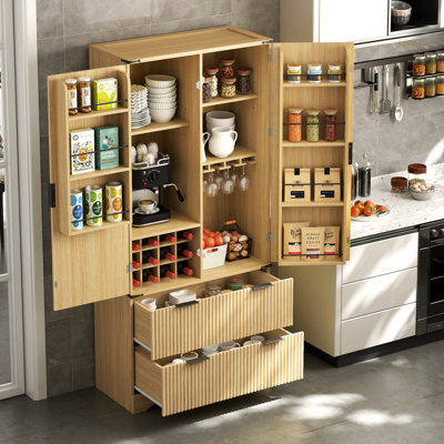 71" Tall Kitchen Pantry Cabinet, Fluted Storage Cabinet With 2 Drawers & 7 Door Shelves, Versatile Cupboard With Wine Rack & Glass Holder & Adjustable