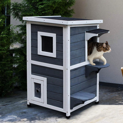 2 - Story Outdoor Cat House With Escape Door, Wooden Shelter, Dark Gray Asphalt Slanted Roof, Hinged Easy Assembly, 20"l X 20"w 32"h House, Door And R