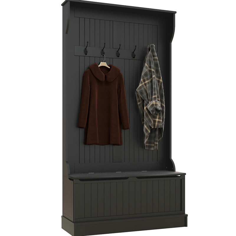 Arbre d'entrée 3-en-1 avec banc de rangement, portemanteau avec quatre crochets et rangement pour chaussures, Noir