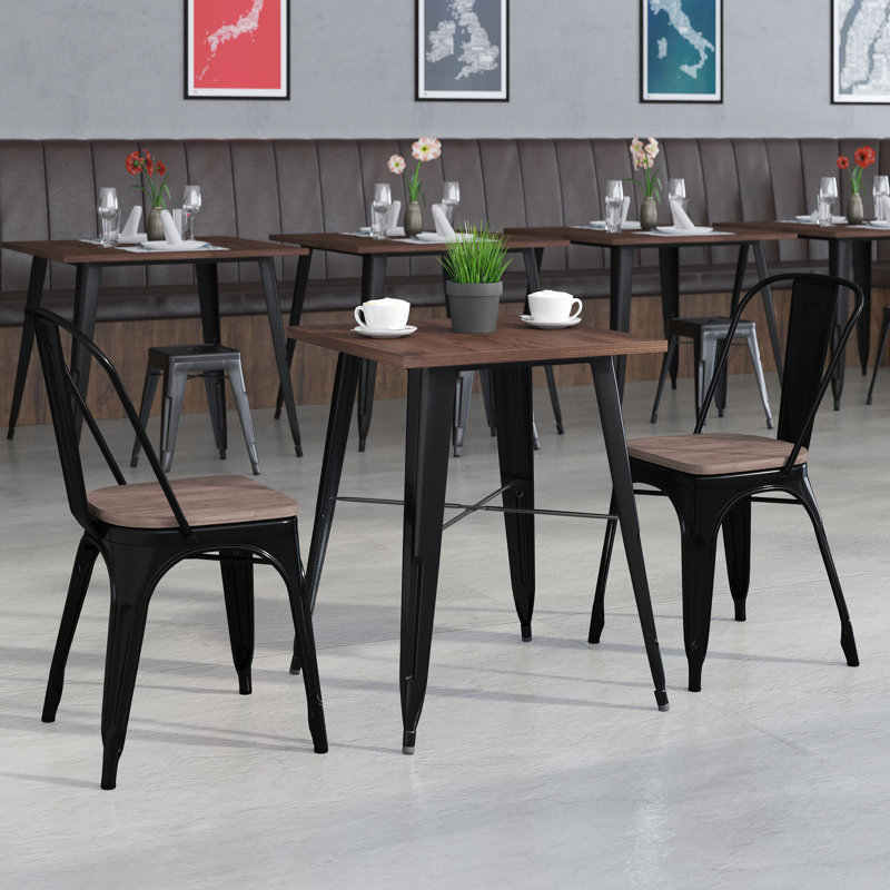 Malave 23.5" Square Metal Table Set with Wood Top and 2 Stack Chairs, Black