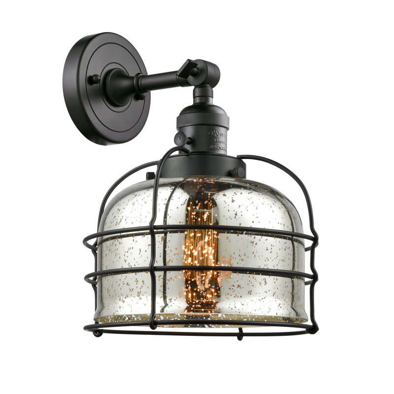 Applique murale 1 lumière 9 "Bell Cage, Ampoule incandescente rétro 60 watts, Argent mercuré, Noir mat