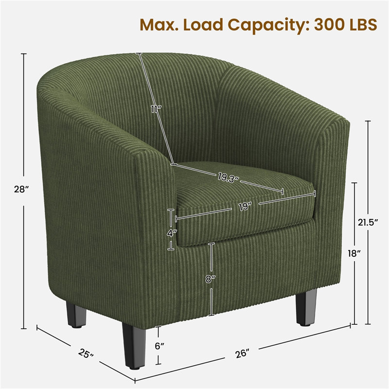 Fauteuil demi-tonneau en cuir 28 po Seldon, Velours côtelé vert foncé