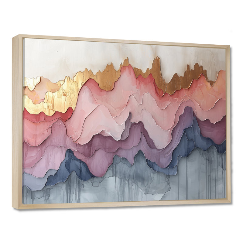 «Abstract Gold and Pink Ink River», art mural abstrait à encre liquide abstraite, Cadre flottant, H 16 po x l 32 po