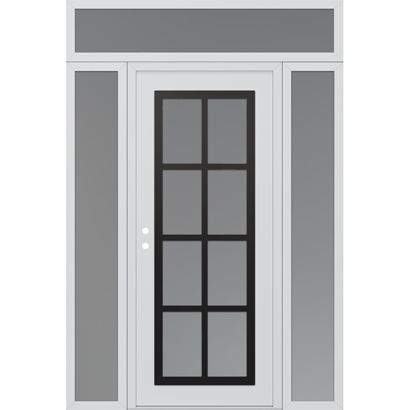 C16 droite 68 po X 96 po Panneau en acier noir et blanc et verre givré blanc avec 2 panneaux latéraux et porte d'entrée avant en verre givré avec traverse
