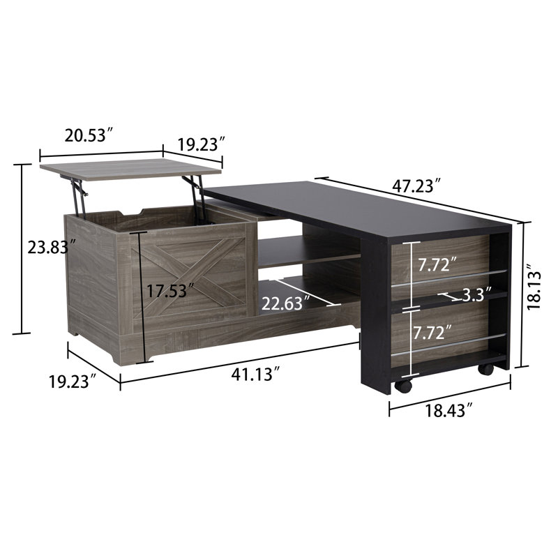 Table basse rectangulaire moderne en bois à hauteur réglable avec armoire de rangement cachée et tablettes ouvertes Modern