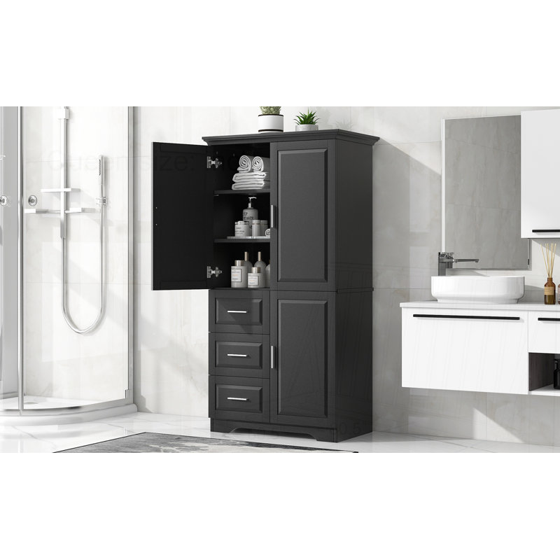 Armoire de rangement haute et large avec portes pour salle de bain, Noir