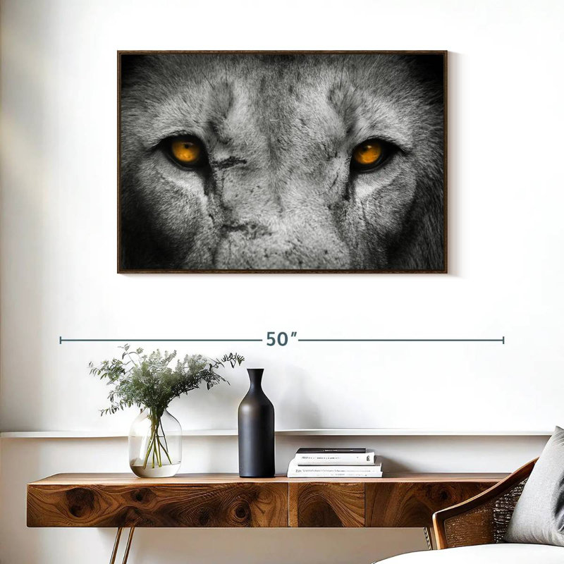 Pop aux yeux de lion, 37 po x 25 po, Cadre flottant en noyer