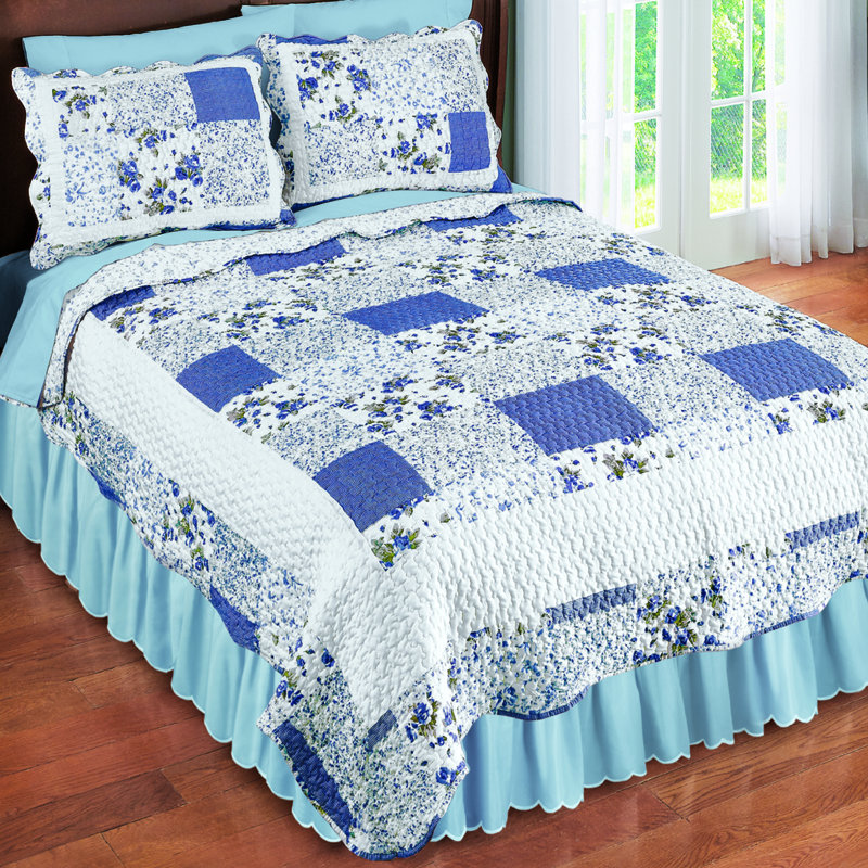 Hadley Blue King Reversible Floral Patchwork Quilt
