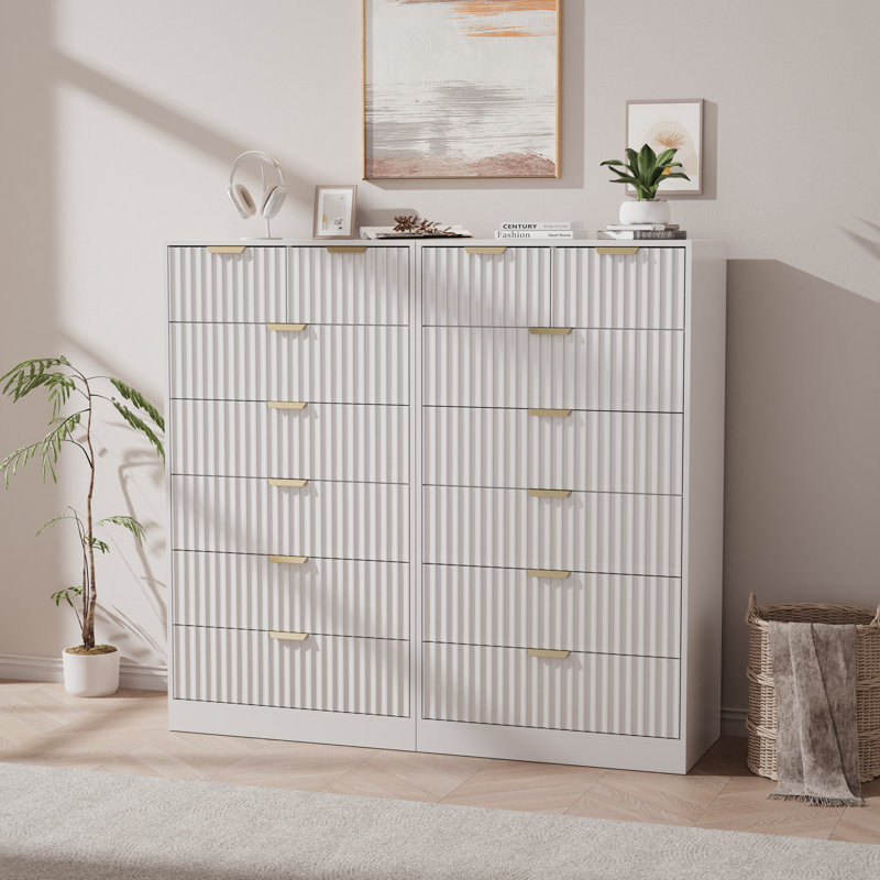 2-piece Set Fluted Tall 7 Drawer Dresser, 51.38" Vertical Storage Chest With Deep Drawers, Modern Wood Clothes Organizer Cabinet, Dressers & Chests Of Drawers With Large Capacity For Bedroom, Entryway, Living Room (white)