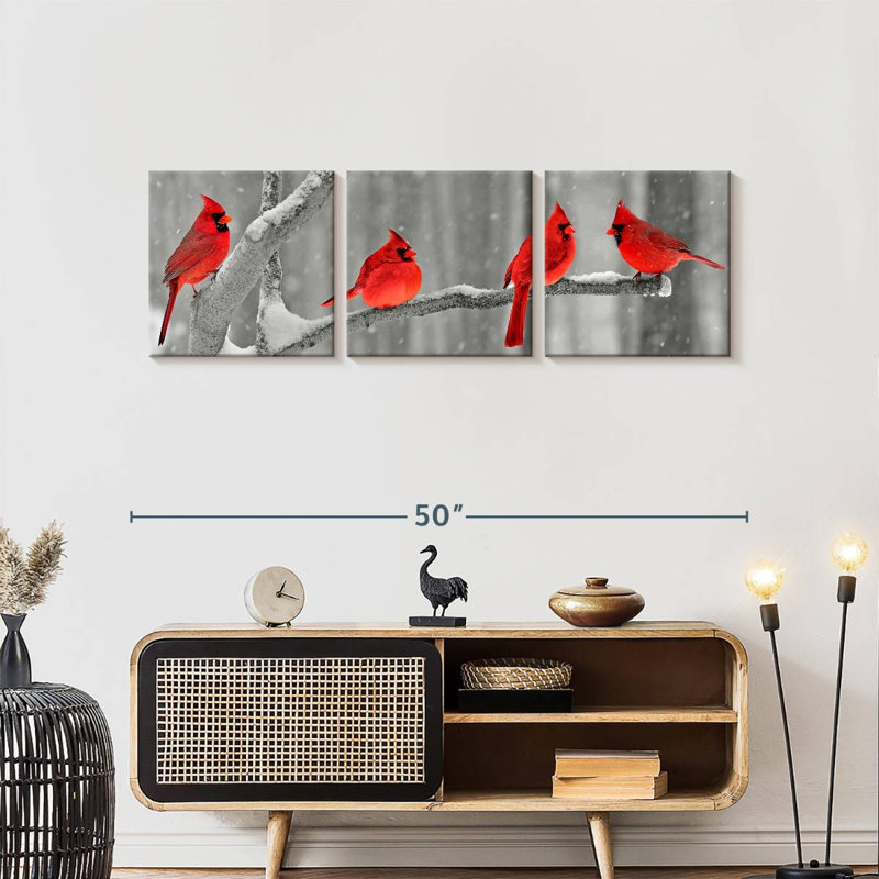 Cardinal Birds - 3 pièces sur toile tendue, H 15 po x l 47 po x P 1,25 po