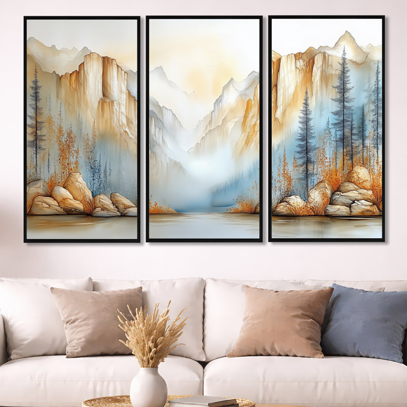 «Dramatic Cliff of Yosemite - Mountain», art mural 3 pièces, H 40 po x l 60 po, Cadre flottant noir