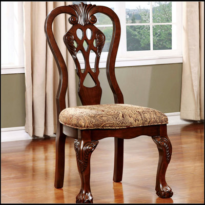 Ensemble de 2 chaises de salle à manger formelles classiques traditionnelles avec dossier complexe, finition cerisier et siège en tissu à imprimé damassé
