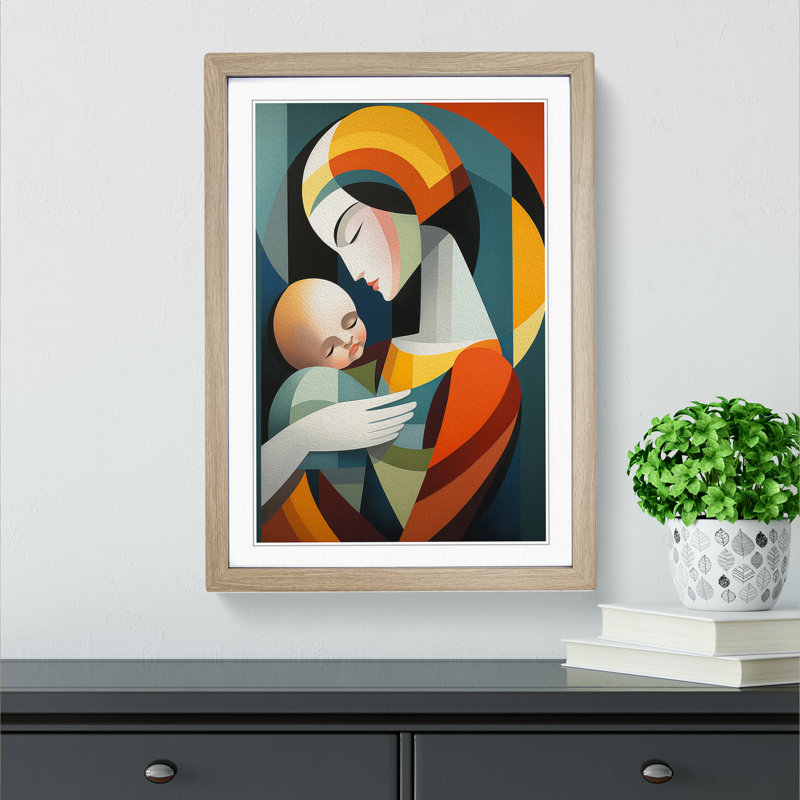XYZ-FRM-V1223-4559 Mother And Baby Constructivism No.2 - Single Picture Frame Print on Wood, Oak , 46cm H x 34cm W x 2cm D