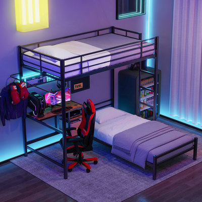 Lit superposé simple au-dessus de simple avec station de travail Lit superposé en métal avec tablettes et tiroirs Lit mezzanine avec barrière de sécurité et échelle pour adolescent avec éclairage ambiant, noir