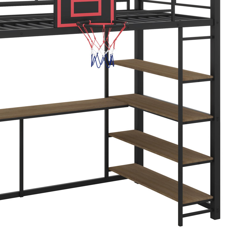 Lit simple surélevé en métal avec poste de travail à tablettes et panier de basketball intégré pour les espaces amusants