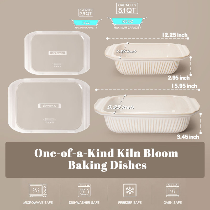 Ensemble de 2 plats à four et casseroles en céramique, larges poignées antidérapantes, couvercles sans BPA, émail texturé distinctif, plats à lasagnes allant au four, liste de mariage et cadeau de Noël (blanc)