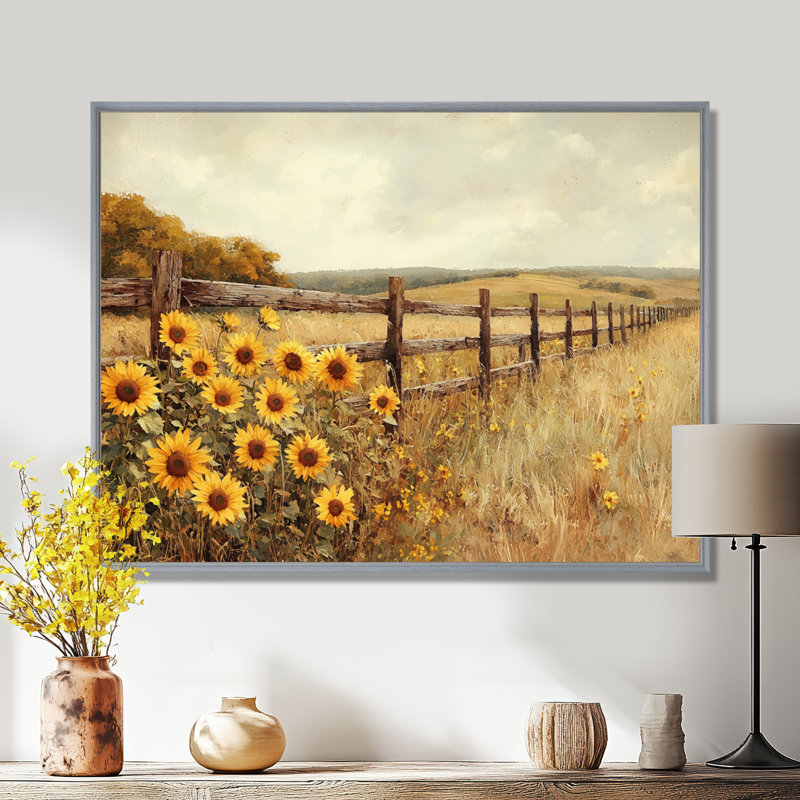 «Donishia Sunflowers By The Horse Corral I», art mural tournesols, H 16 po x l 32 po, Argent argent