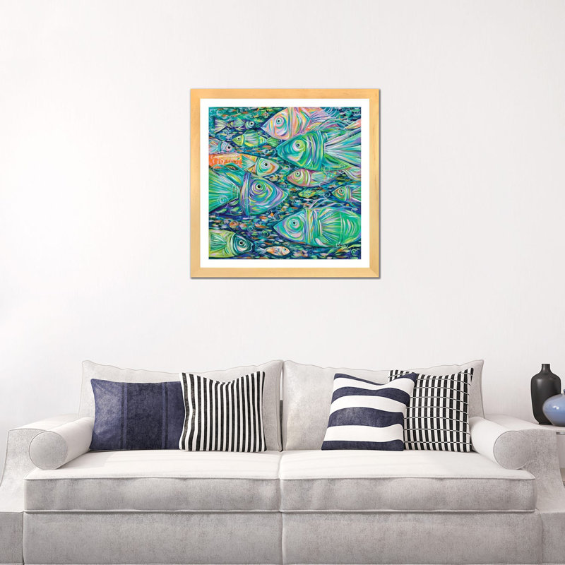 " School Of Fish " by Estelle Grengs, Beige Wood Framed Paper, White, 24'' H x 24'' W x 1'' D