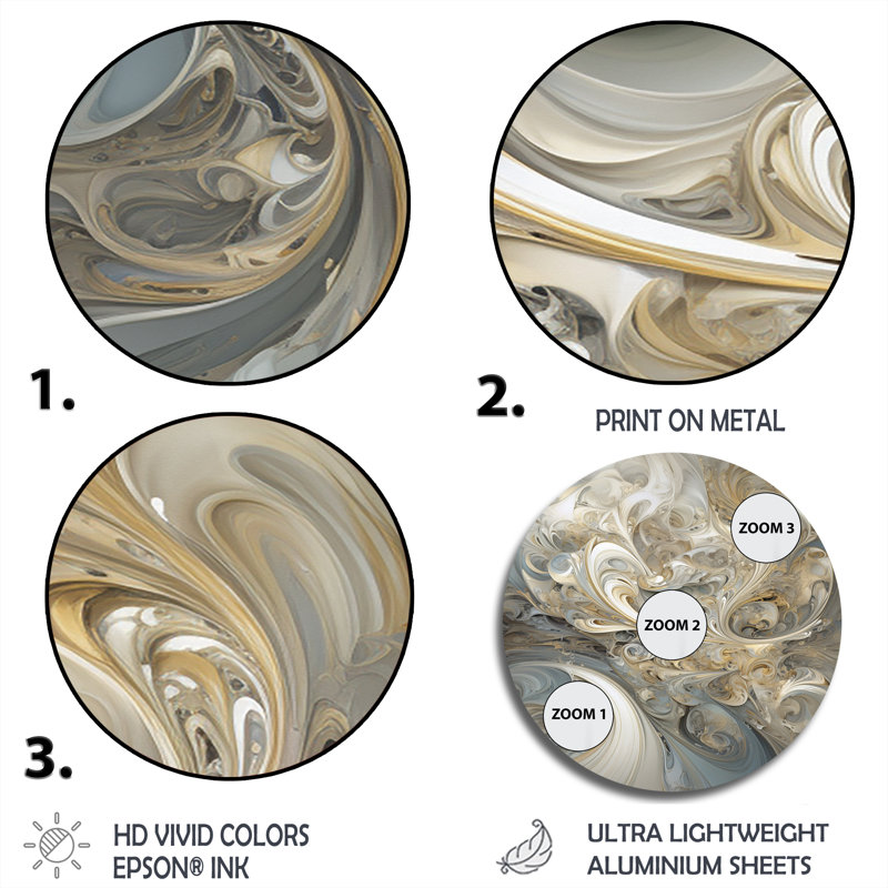 Fractal Whirl In Retro Gold And White - Abstract Round Metal Art, 36" H x 36" W x 1" D